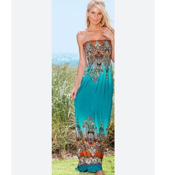 Venus Strapless Maxi Dress Size S Turquoise/Orange Paisley Fleur-de-lis Smocked - Picture 1 of 9